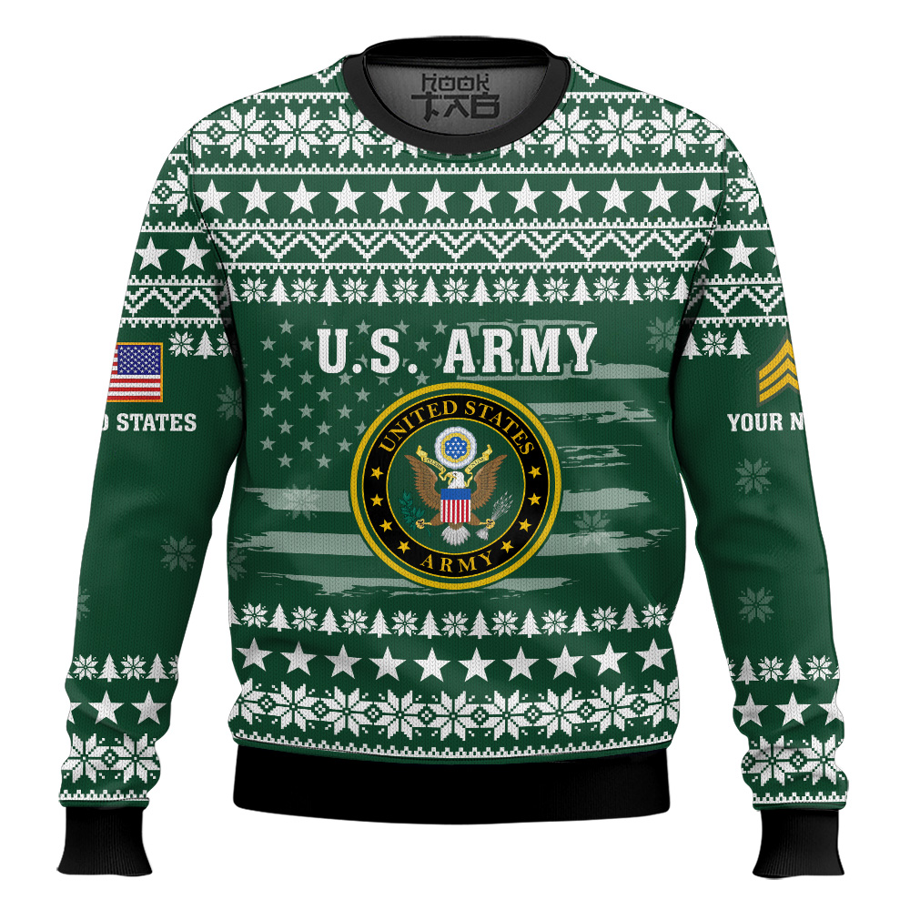 Hooktab US Army My Time In Uniform Is Over But Being A Veteran Never Ends - Custom Name And Rank Ugly Sweater Hooktab US Army My Time In Uniform Is Over But Being A Veteran Never Ends - Custom Name And Rank Ugly Sweater
