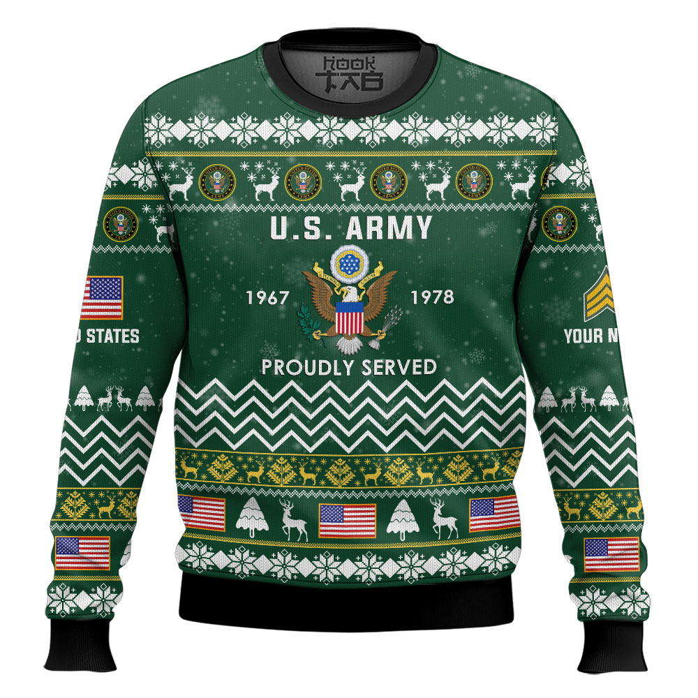 Hooktab US Army Proudly Served Veteran - Custom Name, Rank And Years Of Service Ugly Sweater Hooktab US Army Proudly Served Veteran - Custom Name, Rank And Years Of Service Ugly Sweater