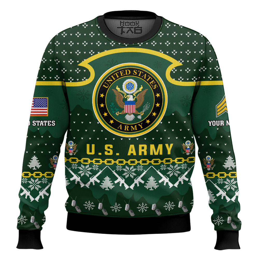 Hooktab US Army Santa's Favorite Veteran - Custom Name And Rank Ugly Sweater Hooktab US Army Santa's Favorite Veteran - Custom Name And Rank Ugly Sweater