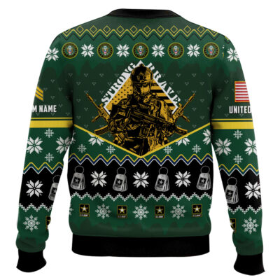 Hooktab US Army Strong And Brave – Custom Name And Rank Ugly Sweater