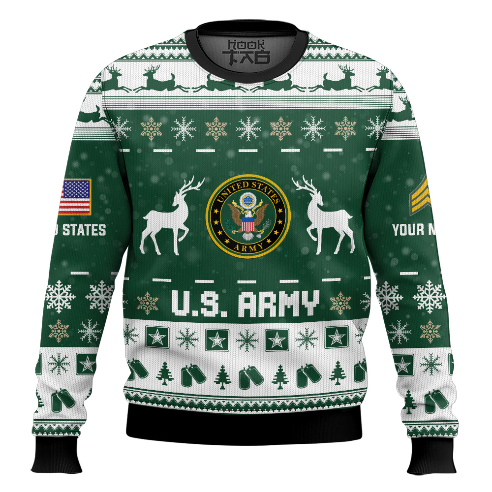 Hooktab US Army This Christmas R.E.D - Custom Name And Rank Ugly Sweater Hooktab US Army This Christmas R.E.D - Custom Name And Rank Ugly Sweater