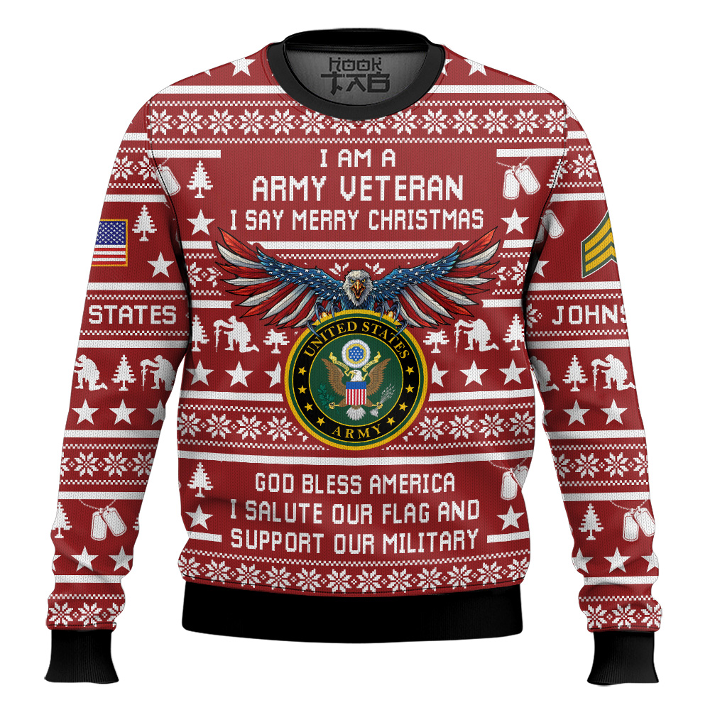 Hooktab US Army Veteran Merry Christmas - Custom Name And Rank Ugly Sweater Hooktab US Army Veteran Merry Christmas - Custom Name And Rank Ugly Sweater