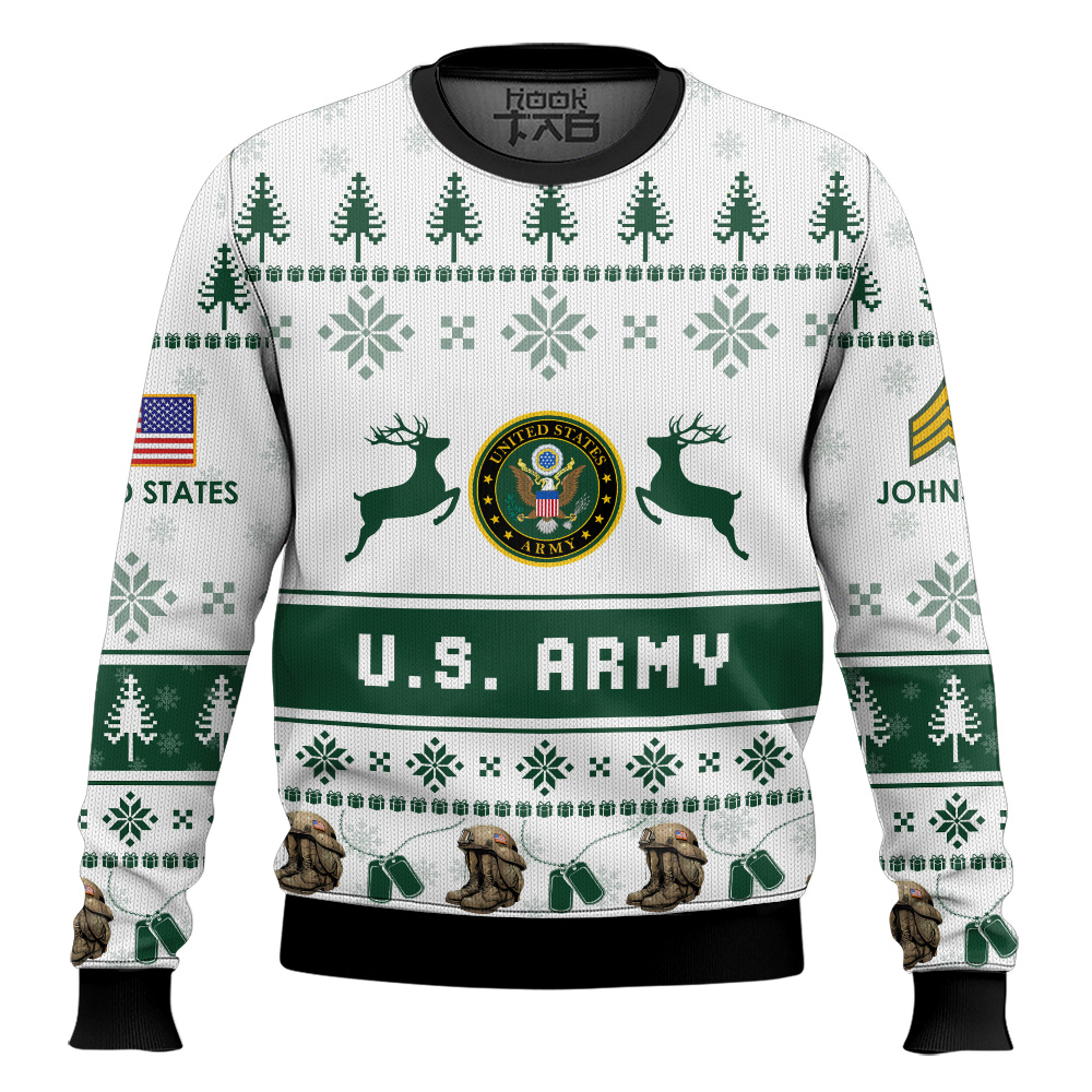 Hooktab US Army Veteran Proudly Served - Custom Name And Rank Ugly Sweater Hooktab US Army Veteran Proudly Served - Custom Name And Rank Ugly Sweater
