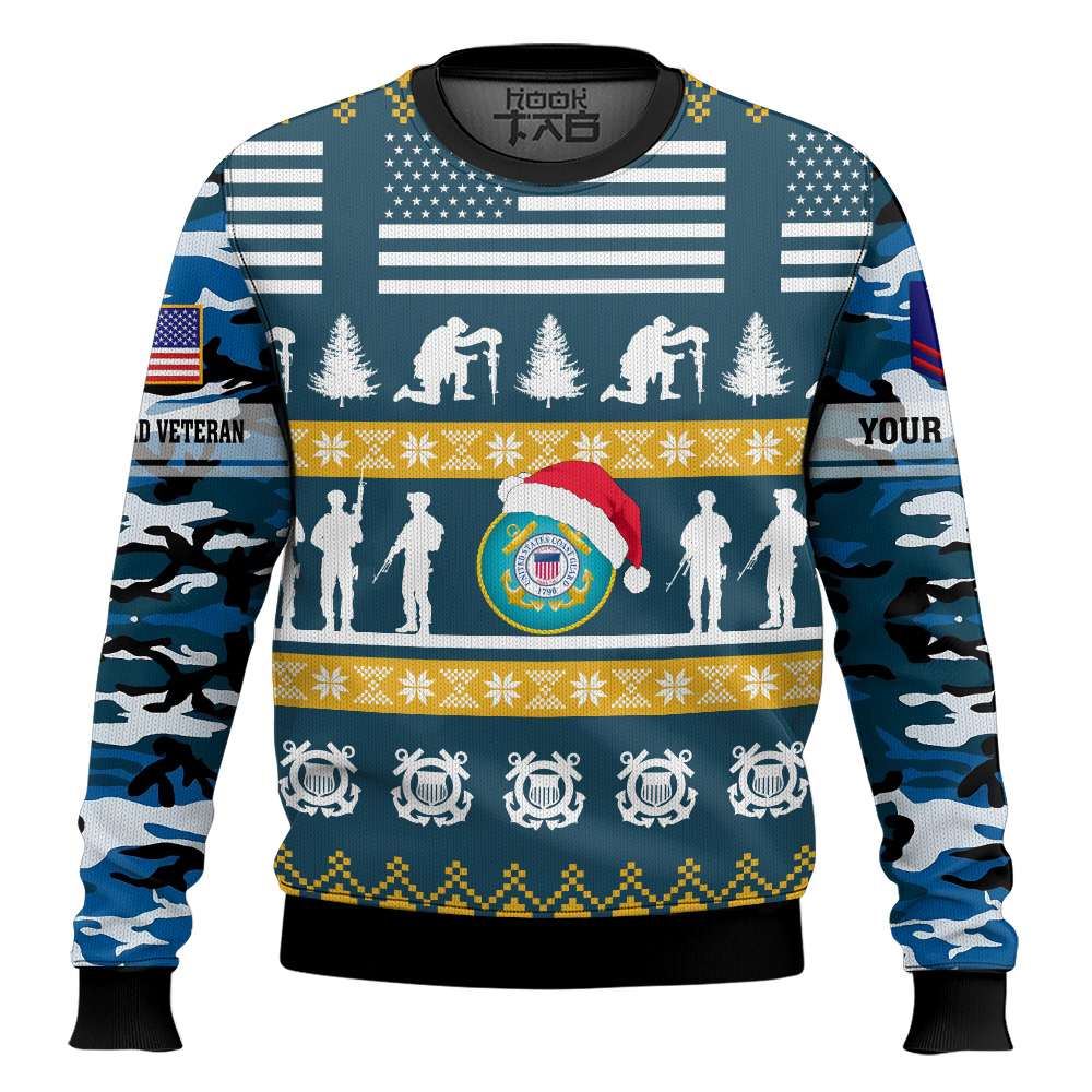 Hooktab US Coast Guard Be Nice To Veterans Remember Santa Is Always Watching - Custom Name And Rank Ugly Sweater Hooktab US Coast Guard Be Nice To Veterans Remember Santa Is Always Watching - Custom Name And Rank Ugly Sweater