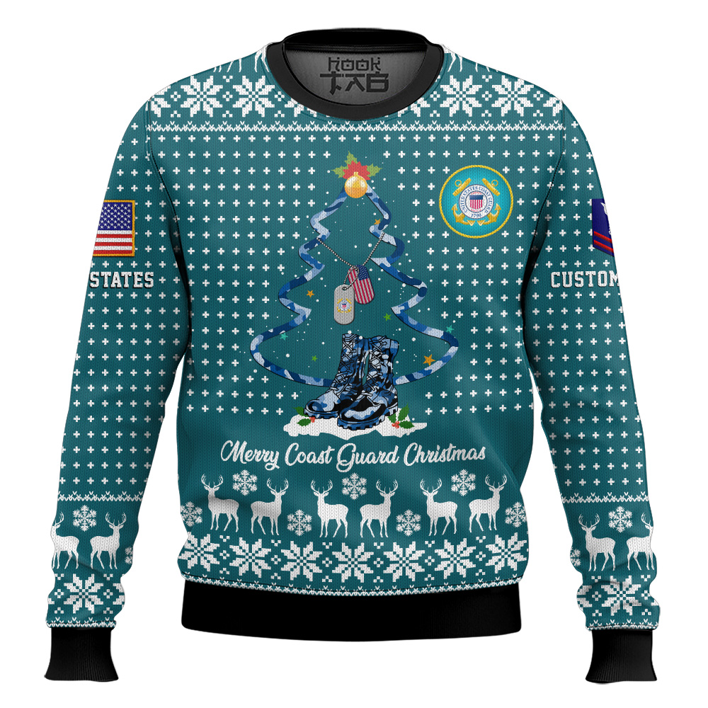 Hooktab US Coast Guard Merry Christmas - Custom Name And Rank Ugly Sweater Hooktab US Coast Guard Merry Christmas - Custom Name And Rank Ugly Sweater
