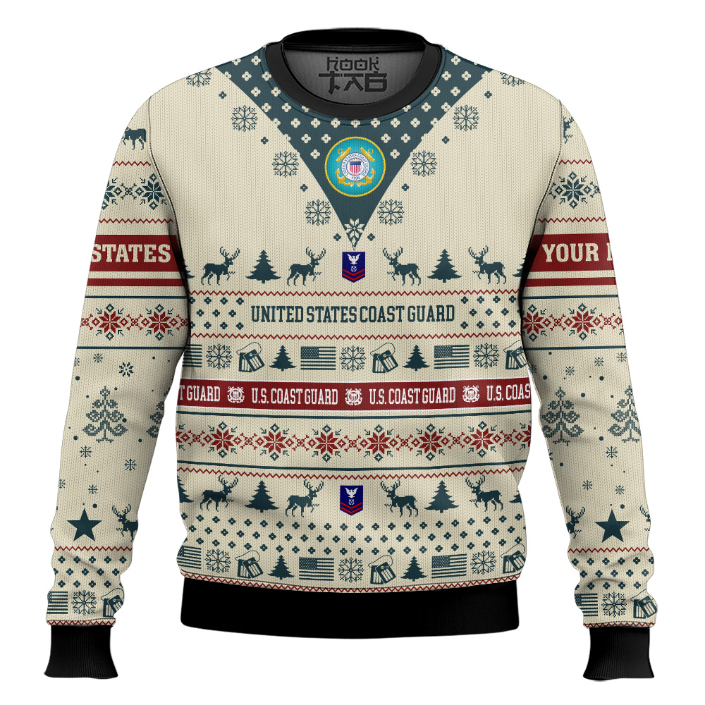 Hooktab US Coast Guard Merry Christmas Brothers - Custom Name And Rank Ugly Sweater Hooktab US Coast Guard Merry Christmas Brothers - Custom Name And Rank Ugly Sweater