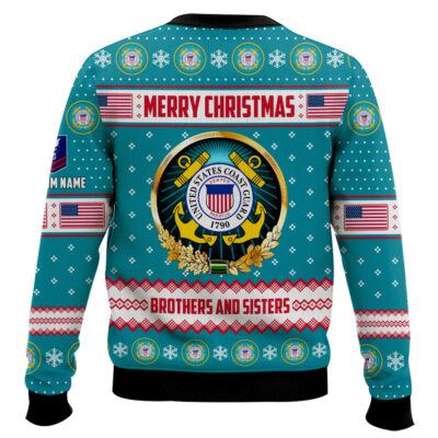 Hooktab US Coast Guard Merry Christmas Brothers And Sisters – Custom Name And Rank Ugly Sweater