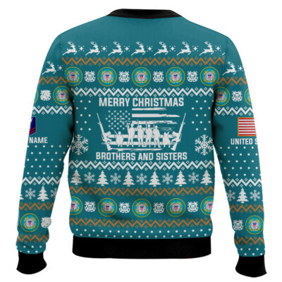 Hooktab US Coast Guard Merry Xmas Brothers And Sisters – Custom Name And Rank Ugly Sweater