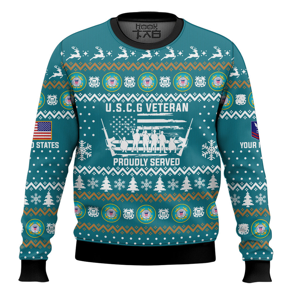 Hooktab US Coast Guard Merry Xmas Brothers And Sisters - Custom Name And Rank Ugly Sweater Hooktab US Coast Guard Merry Xmas Brothers And Sisters - Custom Name And Rank Ugly Sweater