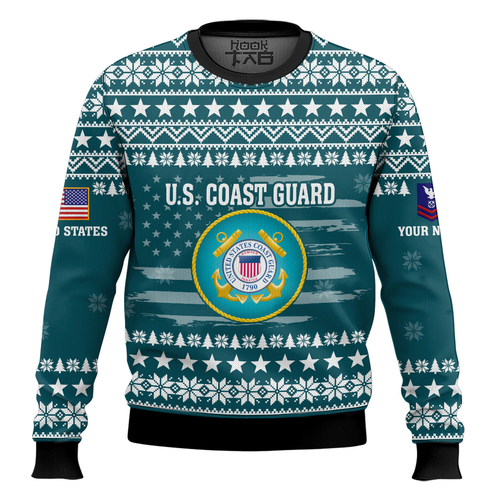 Hooktab US Coast Guard My Time In Uniform Is Over But Being A Veteran Never Ends - Custom Name And Rank Ugly Sweater Hooktab US Coast Guard My Time In Uniform Is Over But Being A Veteran Never Ends - Custom Name And Rank Ugly Sweater