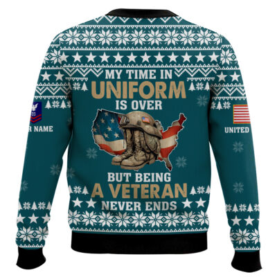 Hooktab US Coast Guard My Time In Uniform Is Over But Being A Veteran Never Ends – Custom Name And Rank Ugly Sweater