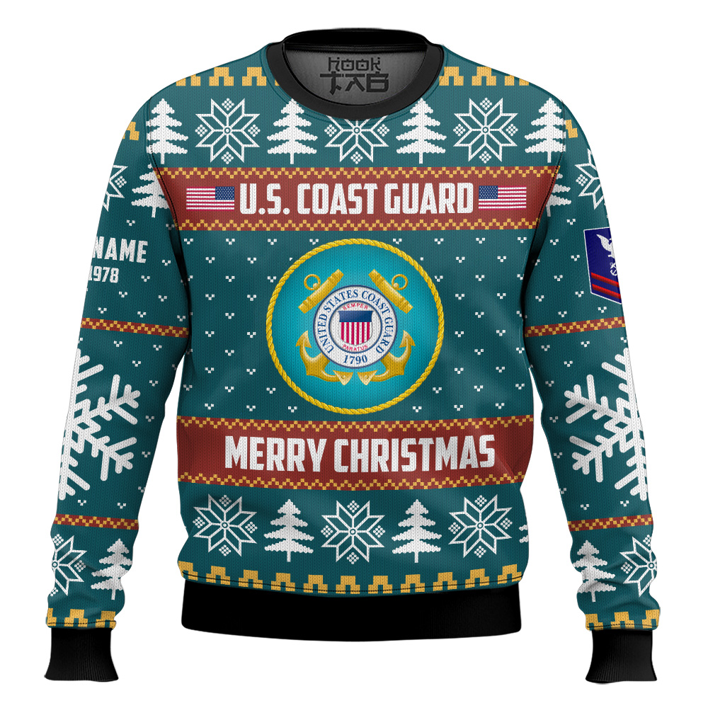 Hooktab US Coast Guard Proud Veteran - Custom Name, Rank And Years Of Service Ugly Sweater Hooktab US Coast Guard Proud Veteran - Custom Name, Rank And Years Of Service Ugly Sweater
