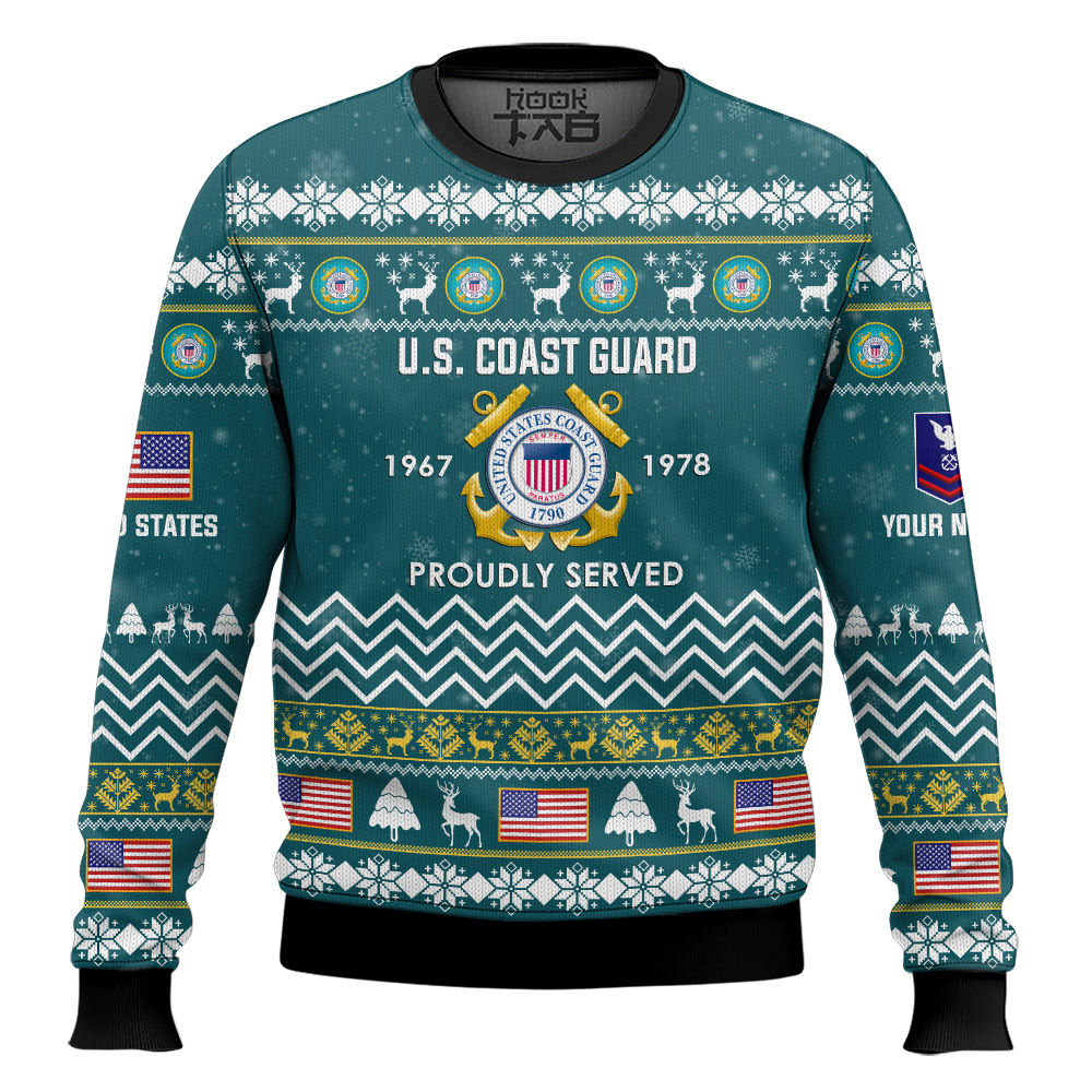 Hooktab US Coast Guard Proudly Served Veteran - Custom Name, Rank And Years Of Service Ugly Sweater Hooktab US Coast Guard Proudly Served Veteran - Custom Name, Rank And Years Of Service Ugly Sweater