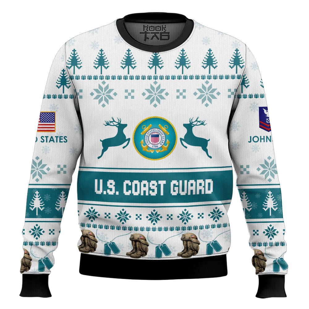Hooktab US Coast Guard Veteran Proudly Served - Custom Name And Rank Ugly Sweater Hooktab US Coast Guard Veteran Proudly Served - Custom Name And Rank Ugly Sweater