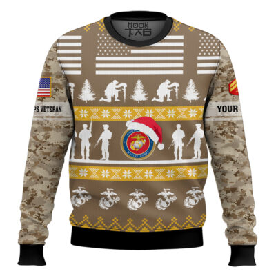 US Marine Corps Be Nice To Veterans Remember Santa Is Always Watching - Custom Name And Rank Ugly Sweater
