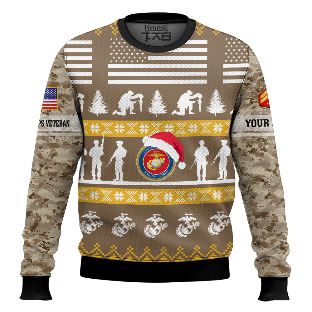 Hooktab US Marine Corps Be Nice To Veterans Remember Santa Is Always Watching - Custom Name And Rank Ugly Sweater Hooktab US Marine Corps Be Nice To Veterans Remember Santa Is Always Watching - Custom Name And Rank Ugly Sweater