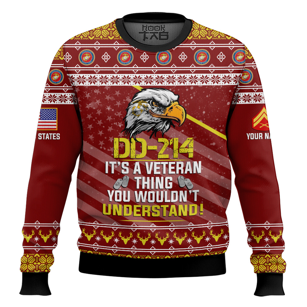 Hooktab US Marine Corps DD-214 It's A Veteran Thing You Wouldn't Understand - Custom Name And Rank Ugly Sweater Hooktab US Marine Corps DD-214 It's A Veteran Thing You Wouldn't Understand - Custom Name And Rank Ugly Sweater