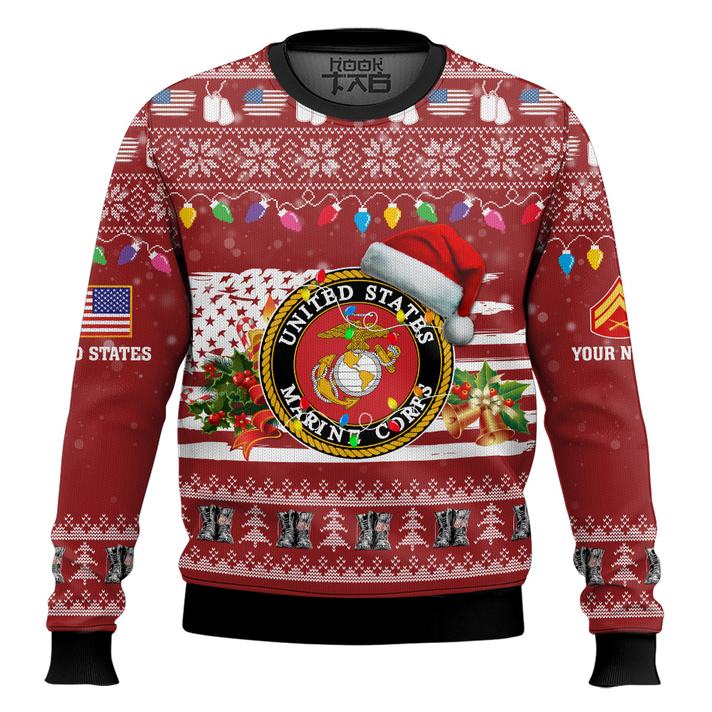 Hooktab US Marine Corps Have Yourself A Military Christmas - Custom Name And Rank Ugly Sweater Hooktab US Marine Corps Have Yourself A Military Christmas - Custom Name And Rank Ugly Sweater