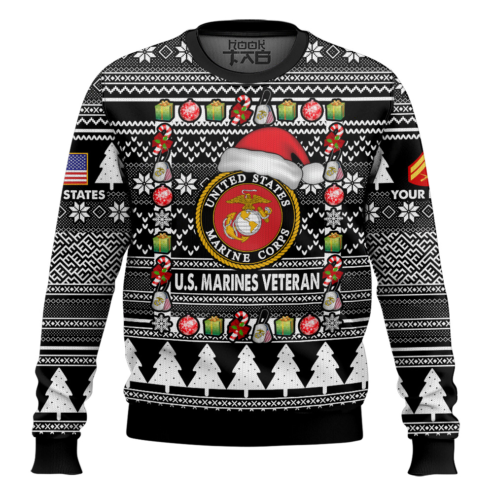 Hooktab US Marine Corps I'm A Veteran, Of Course I'm On The Nice List - Custom Name And Rank Ugly Sweater Hooktab US Marine Corps I'm A Veteran, Of Course I'm On The Nice List - Custom Name And Rank Ugly Sweater