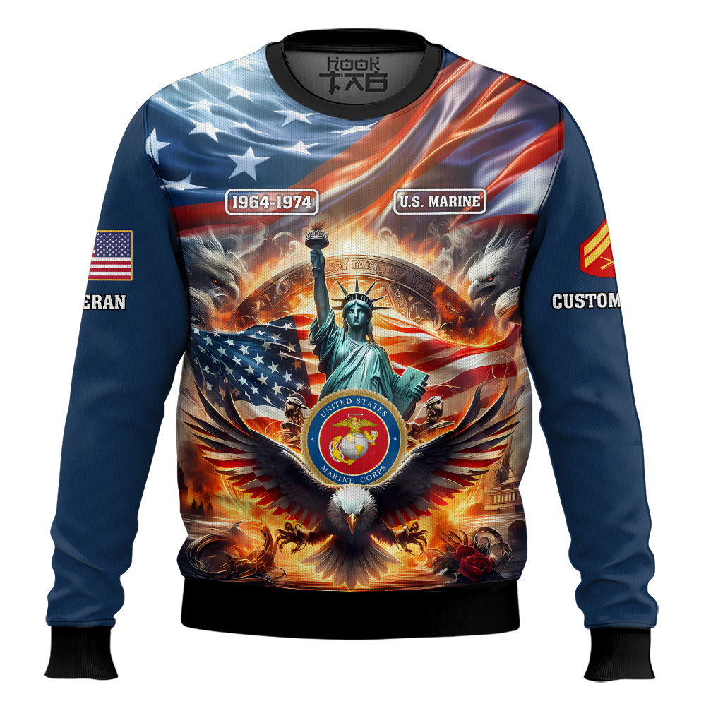 Hooktab US Marine Corps Liberty Eagle - Custom Name, Rank And Years Of Service Ugly Sweater Hooktab US Marine Corps Liberty Eagle - Custom Name, Rank And Years Of Service Ugly Sweater
