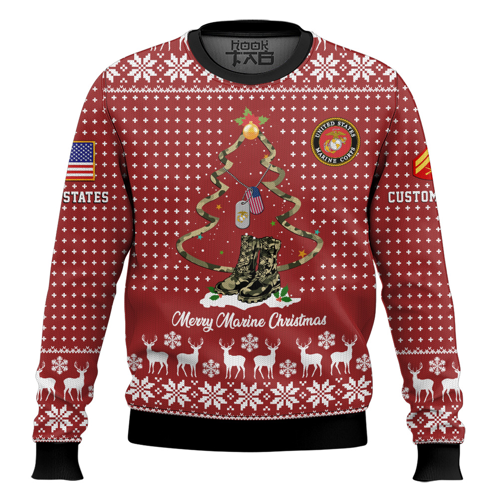 Hooktab US Marine Corps Merry Christmas - Custom Name And Rank Ugly Sweater Hooktab US Marine Corps Merry Christmas - Custom Name And Rank Ugly Sweater