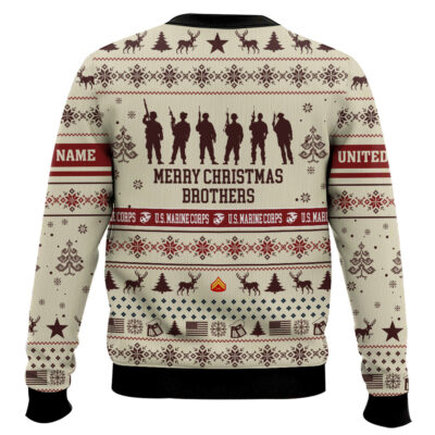 Hooktab US Marine Corps Merry Christmas Brothers – Custom Name And Rank Ugly Sweater