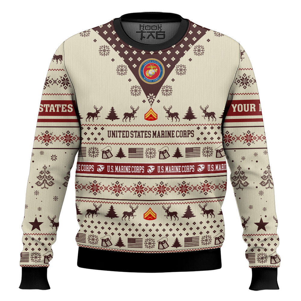 Hooktab US Marine Corps Merry Christmas Brothers - Custom Name And Rank Ugly Sweater Hooktab US Marine Corps Merry Christmas Brothers - Custom Name And Rank Ugly Sweater