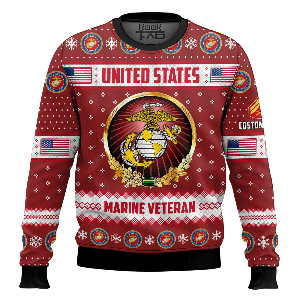 Hooktab US Marine Corps Merry Christmas Brothers And Sisters - Custom Name And Rank Ugly Sweater Hooktab US Marine Corps Merry Christmas Brothers And Sisters - Custom Name And Rank Ugly Sweater