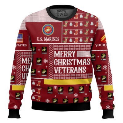 US Marine Corps Merry Christmas Veterans - Custom Name And Rank Ugly Sweater