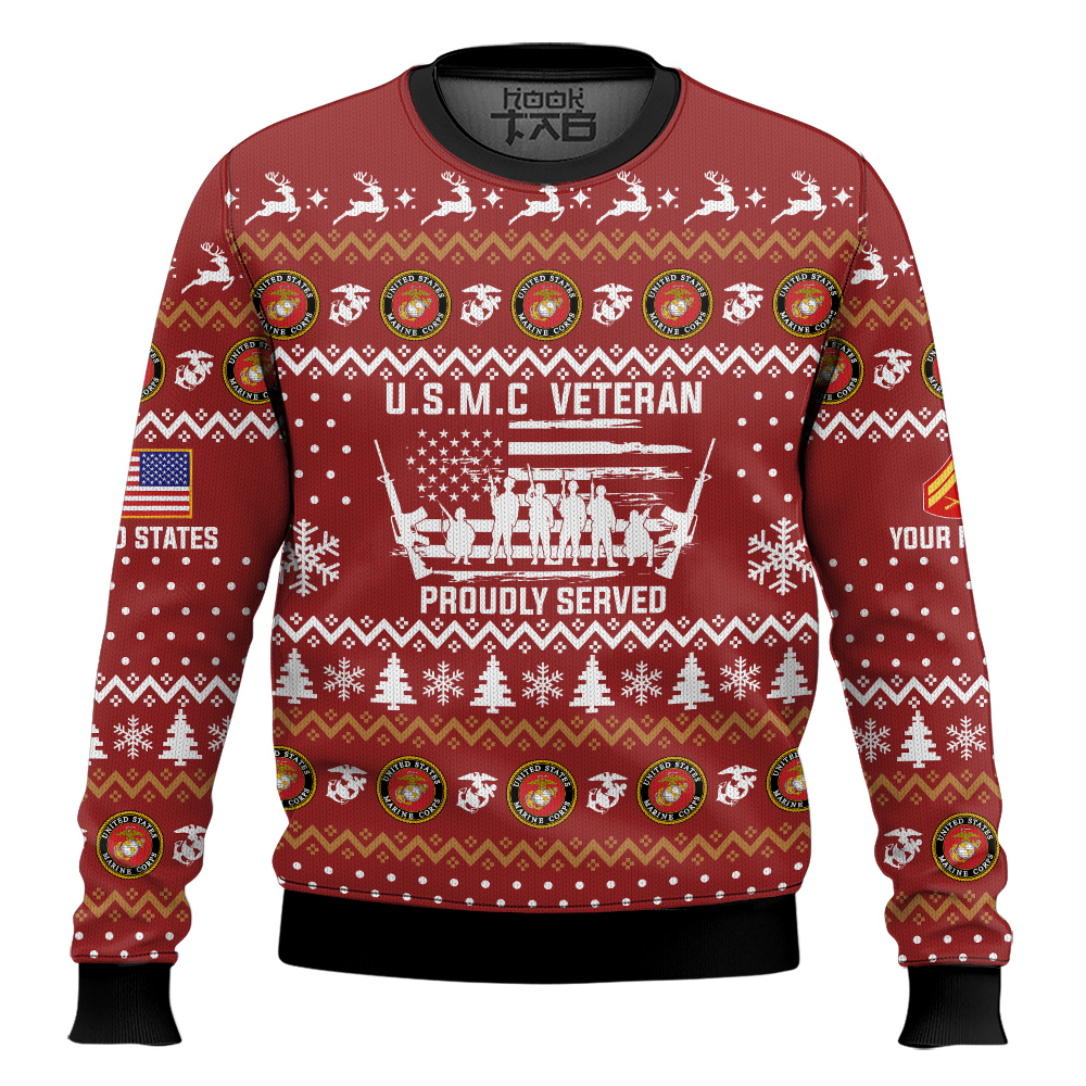 Hooktab US Marine Corps Merry Xmas Brothers And Sisters - Custom Name And Rank Ugly Sweater Hooktab US Marine Corps Merry Xmas Brothers And Sisters - Custom Name And Rank Ugly Sweater