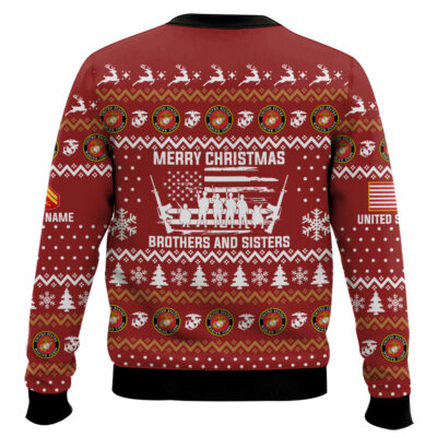 Hooktab US Marine Corps Merry Xmas Brothers And Sisters – Custom Name And Rank Ugly Sweater