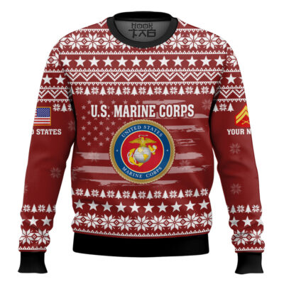 US Marine Corps My Time In Uniform Is Over But Being A Veteran Never Ends - Custom Name And Rank Ugly Sweater