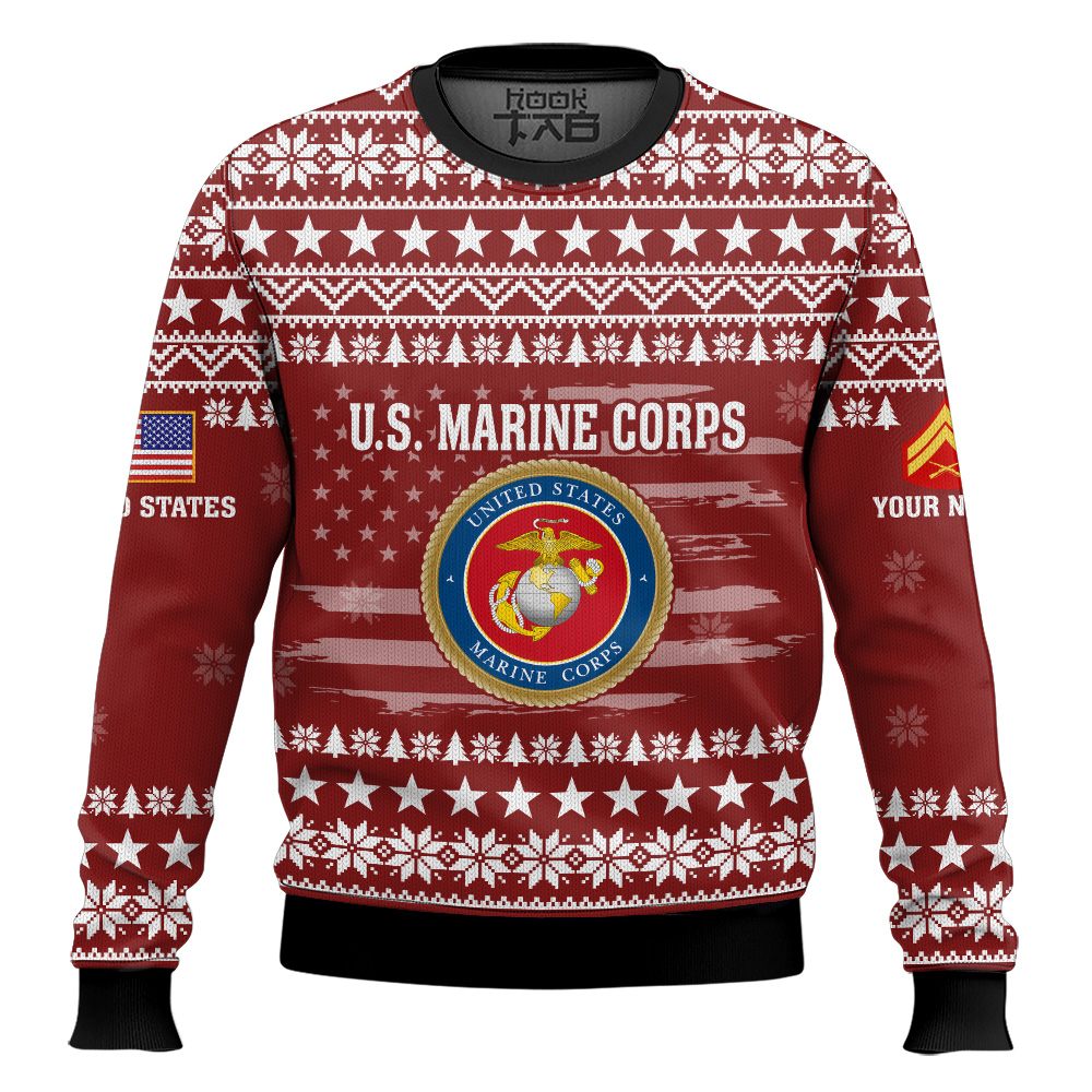 Hooktab US Marine Corps My Time In Uniform Is Over But Being A Veteran Never Ends - Custom Name And Rank Ugly Sweater Hooktab US Marine Corps My Time In Uniform Is Over But Being A Veteran Never Ends - Custom Name And Rank Ugly Sweater