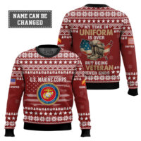Hooktab US Marine Corps My Time In Uniform Is Over But Being A Veteran Never Ends - Custom Name And Rank Ugly Sweater