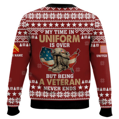 Hooktab US Marine Corps My Time In Uniform Is Over But Being A Veteran Never Ends – Custom Name And Rank Ugly Sweater
