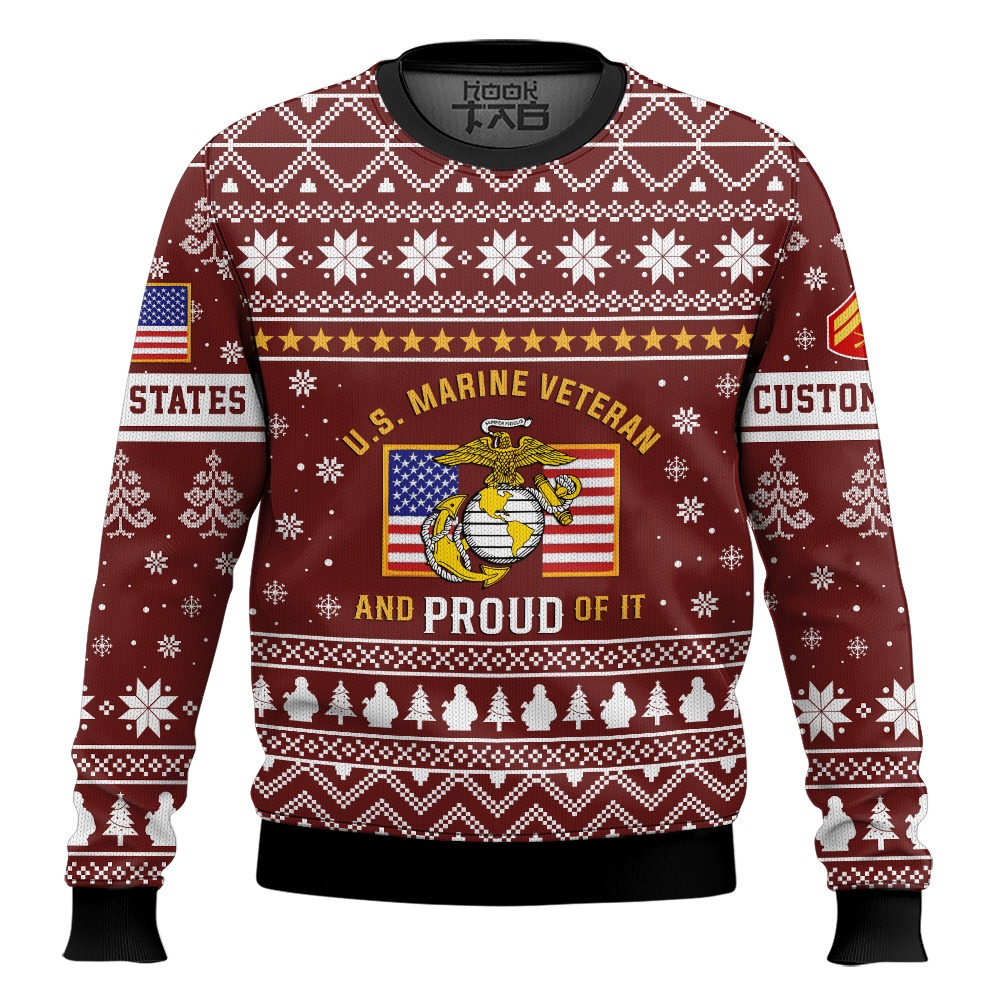 Hooktab US Marine Corps Proud Veteran - Custom Name And Rank Ugly Sweater Hooktab US Marine Corps Proud Veteran - Custom Name And Rank Ugly Sweater