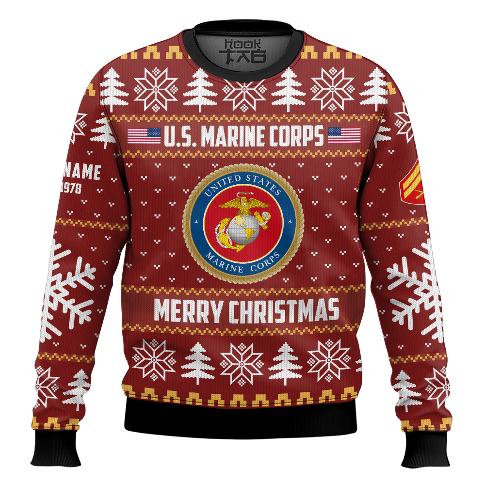 Hooktab US Marine Corps Proud Veteran - Custom Name, Rank And Years Of Service Ugly Sweater Hooktab US Marine Corps Proud Veteran - Custom Name, Rank And Years Of Service Ugly Sweater