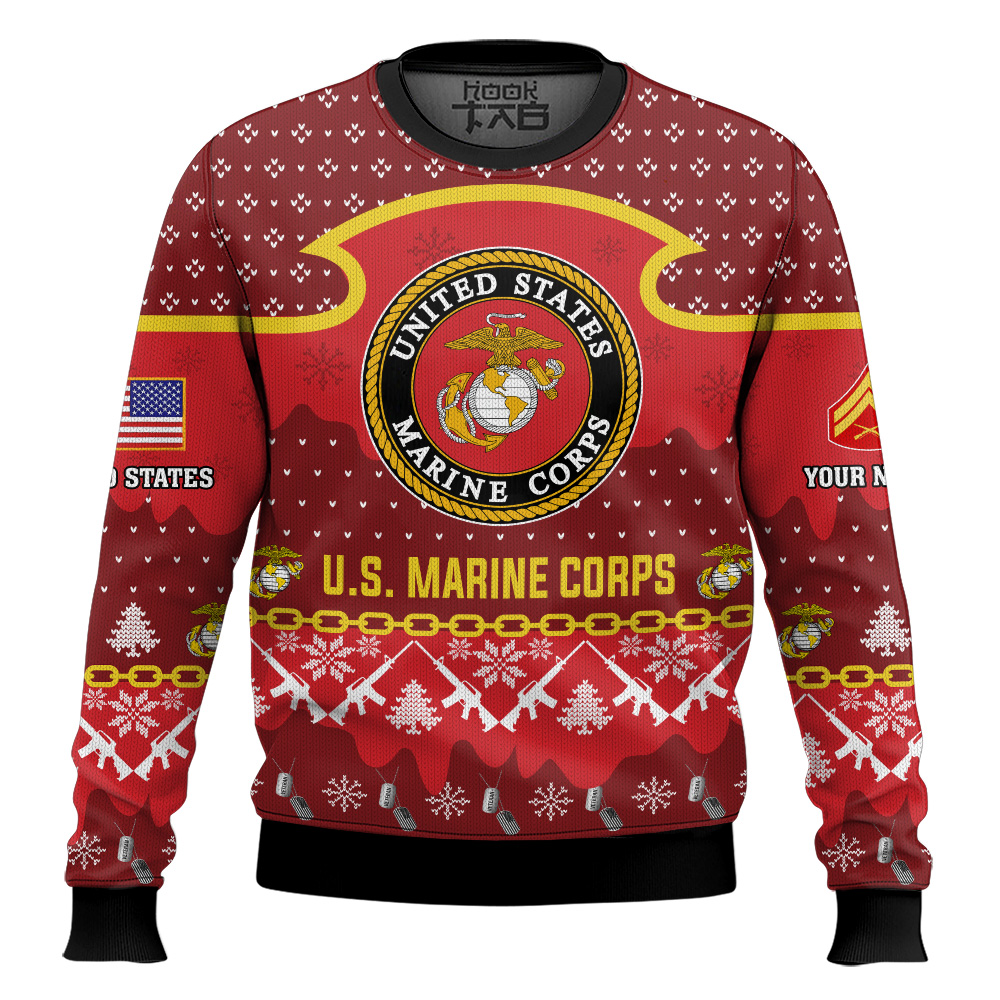 Hooktab US Marine Corps Santa's Favorite Veteran - Custom Name And Rank Ugly Sweater Hooktab US Marine Corps Santa's Favorite Veteran - Custom Name And Rank Ugly Sweater