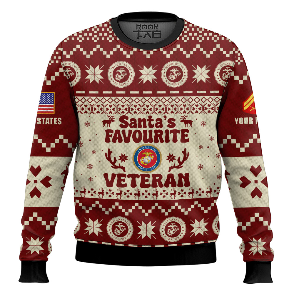 Hooktab US Marine Corps Santa's Favourite Veterans - Custom Name And Rank Ugly Sweater Hooktab US Marine Corps Santa's Favourite Veterans - Custom Name And Rank Ugly Sweater