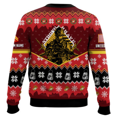 Hooktab US Marine Corps Strong And Brave – Custom Name And Rank Ugly Sweater