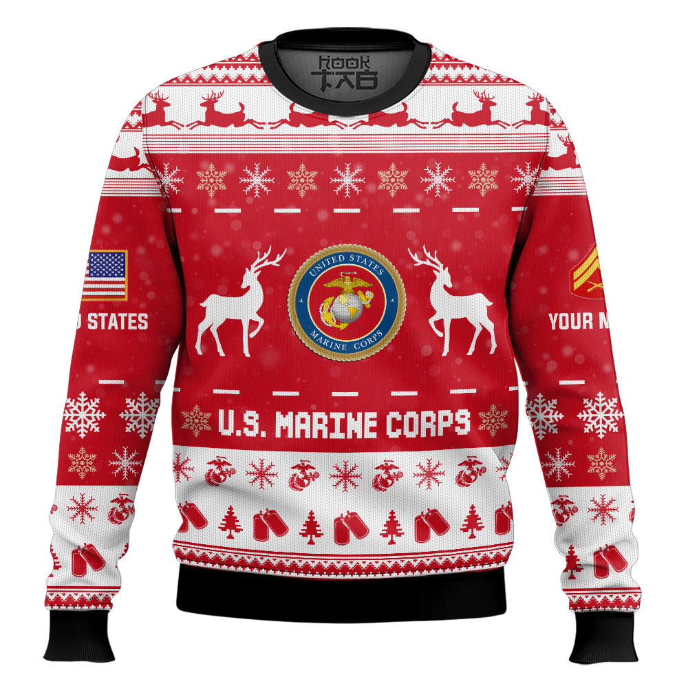 Hooktab US Marine Corps This Christmas R.E.D - Custom Name And Rank Ugly Sweater Hooktab US Marine Corps This Christmas R.E.D - Custom Name And Rank Ugly Sweater