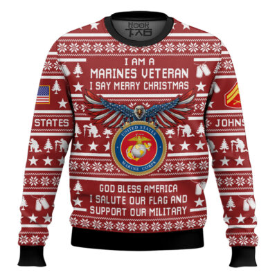 US Marine Corps Veteran Merry Christmas - Custom Name And Rank Ugly Sweater