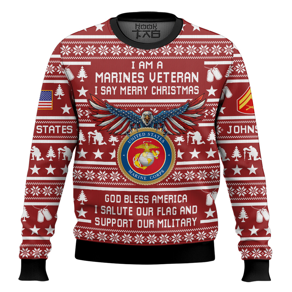 Hooktab US Marine Corps Veteran Merry Christmas - Custom Name And Rank Ugly Sweater Hooktab US Marine Corps Veteran Merry Christmas - Custom Name And Rank Ugly Sweater