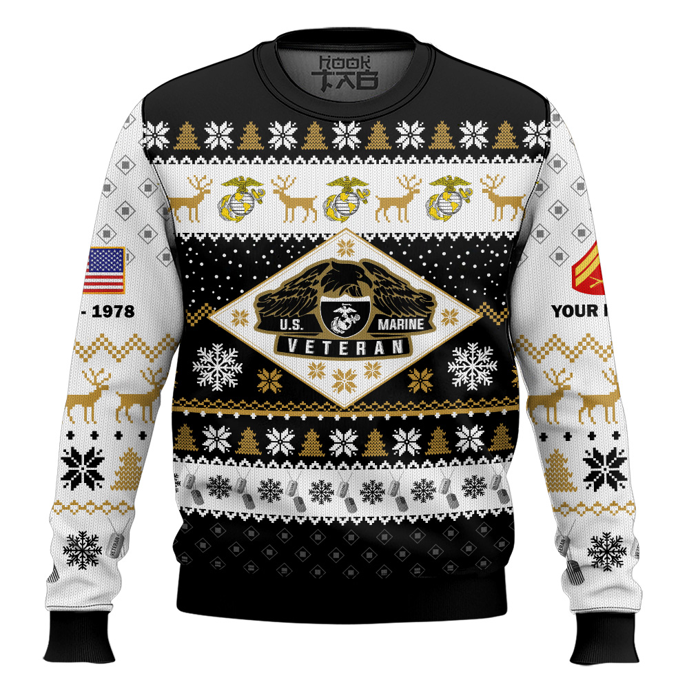 Hooktab US Marine Corps Veterans - Custom Name, Rank And Years Of Service Ugly Sweater Hooktab US Marine Corps Veterans - Custom Name, Rank And Years Of Service Ugly Sweater