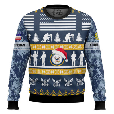 US Navy Be Nice To Veterans Remember Santa Is Always Watching - Custom Name And Rank Ugly Sweater