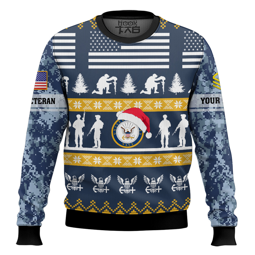 Hooktab US Navy Be Nice To Veterans Remember Santa Is Always Watching - Custom Name And Rank Ugly Sweater Hooktab US Navy Be Nice To Veterans Remember Santa Is Always Watching - Custom Name And Rank Ugly Sweater