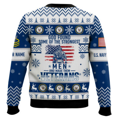 Hooktab US Navy God Found The Strongest Men And Made Them Veteran – Custom Name And Rank Ugly Sweater