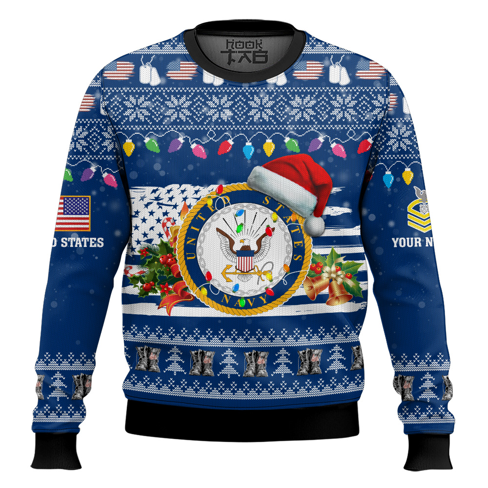 Hooktab US Navy Have Yourself A Military Christmas - Custom Name And Rank Ugly Sweater Hooktab US Navy Have Yourself A Military Christmas - Custom Name And Rank Ugly Sweater