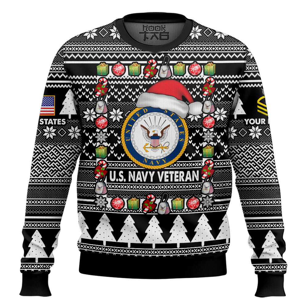 Hooktab US Navy I'm A Veteran, Of Course I'm On The Nice List - Custom Name And Rank Ugly Sweater Hooktab US Navy I'm A Veteran, Of Course I'm On The Nice List - Custom Name And Rank Ugly Sweater