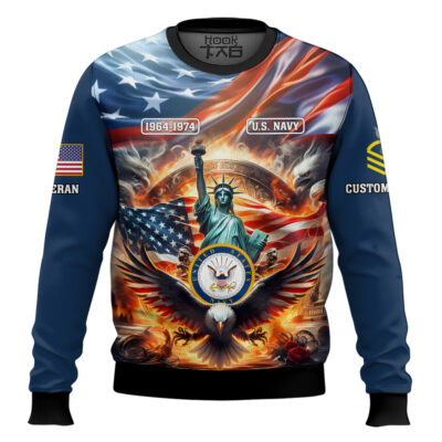 US Navy Liberty Eagle - Custom Name, Rank And Years Of Service Ugly Sweater